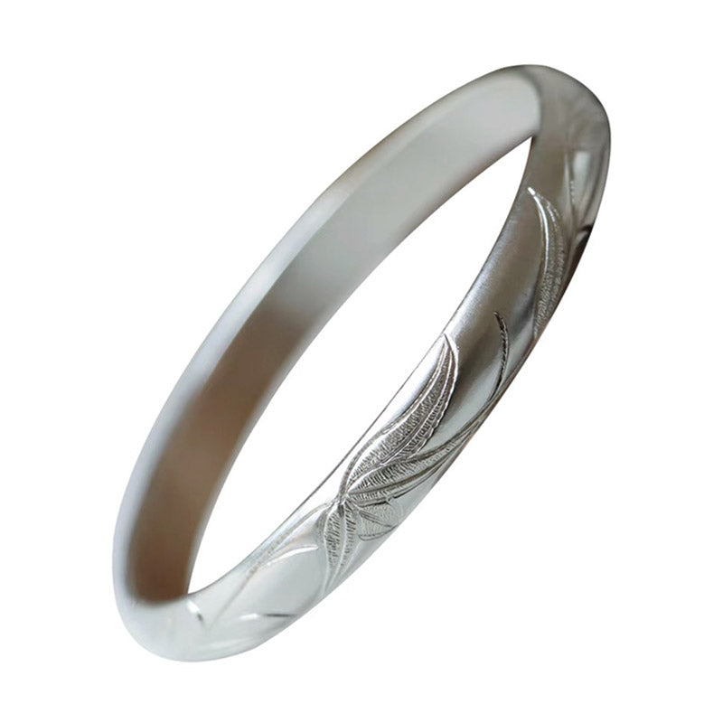 Hand Carved Vintage Chinese Bamboo Leaf Pattern Pure Solid Silver Bangle Bracelet Jewelry Gift-07