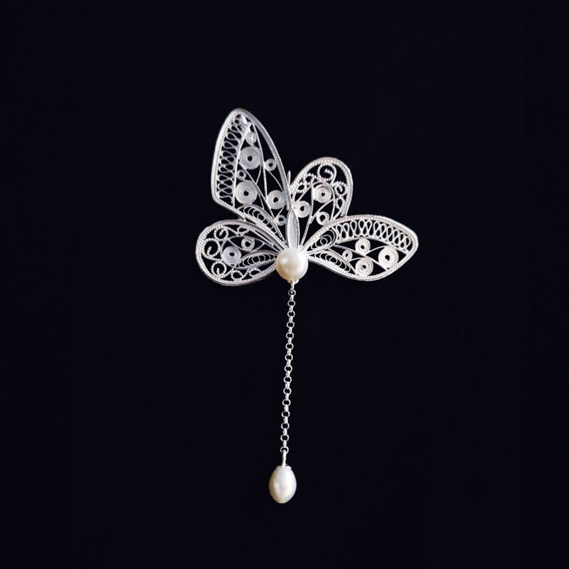 Vintage Plain Silver Filigree Butterfly Brooch/Pendant with Natural Freshwater Pearls-07
