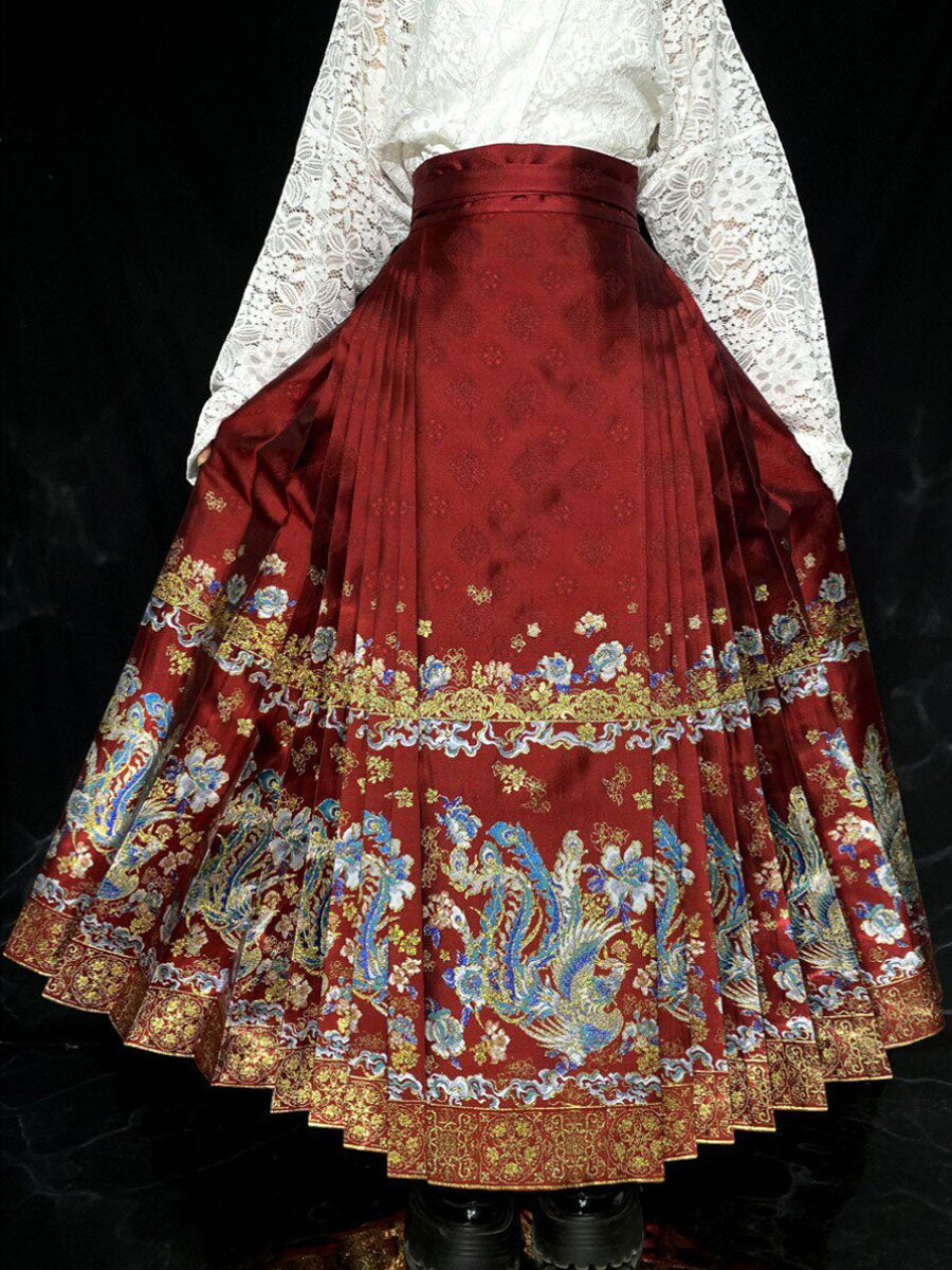 Phoenix in Flight Brocade Mamian Skirt – Ming-Style Woven Gold Hanfu Skirt-08