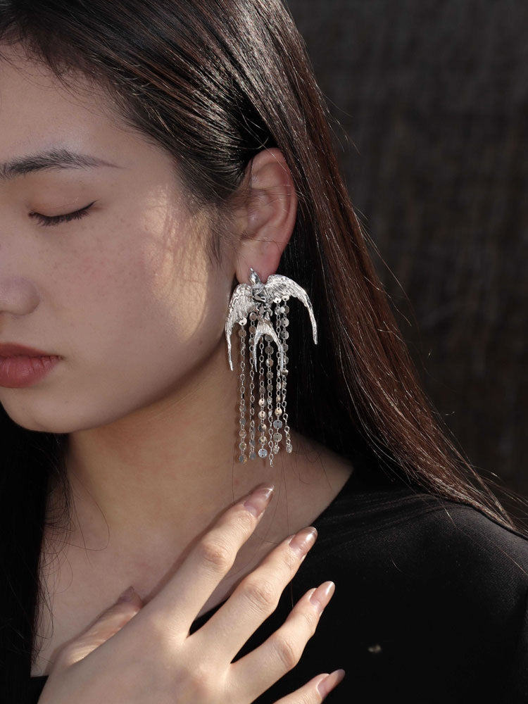 The Swallow S930 - Handforged Chinese Swallow Earrings in Sterling Silver with Delicate Tassels-07