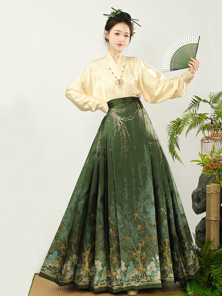 Flickering Bamboo Shadows - Green Vintage Woven Gold Mamianqun Skirt-02