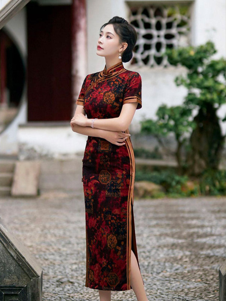 Chinese Style Classic Festive Vintage Red Cheongsam Dress with Floral Print for Women-07
