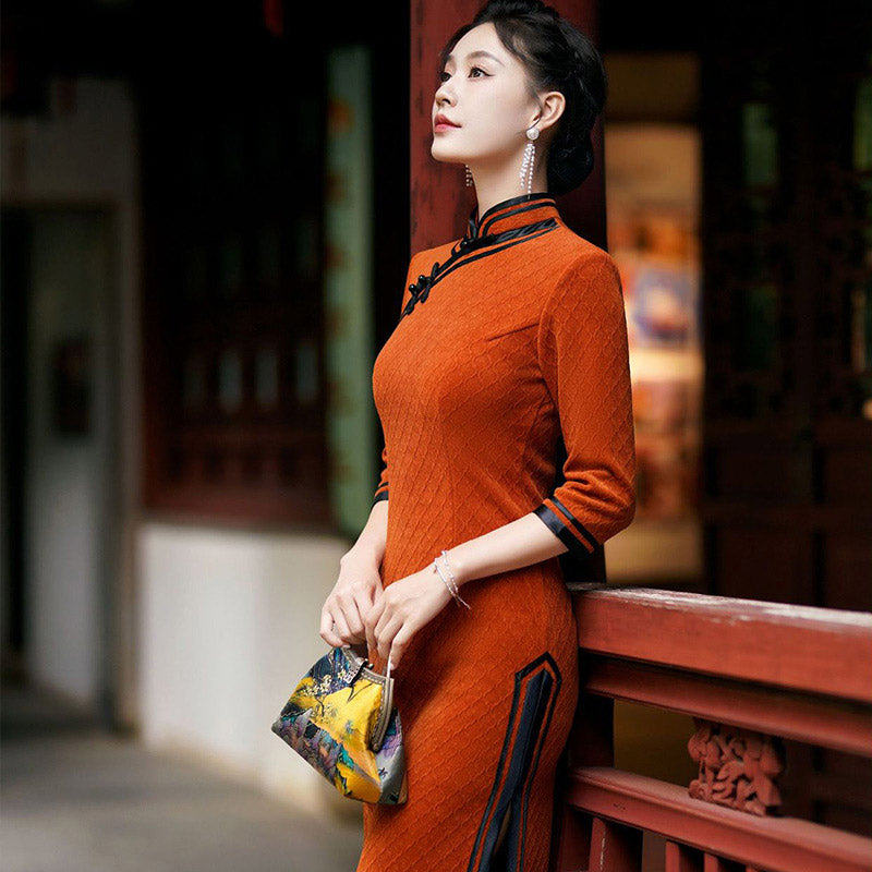 Orange with Black Trim Vintage Geometric Embossed Cheongsam Dress for Women-08
