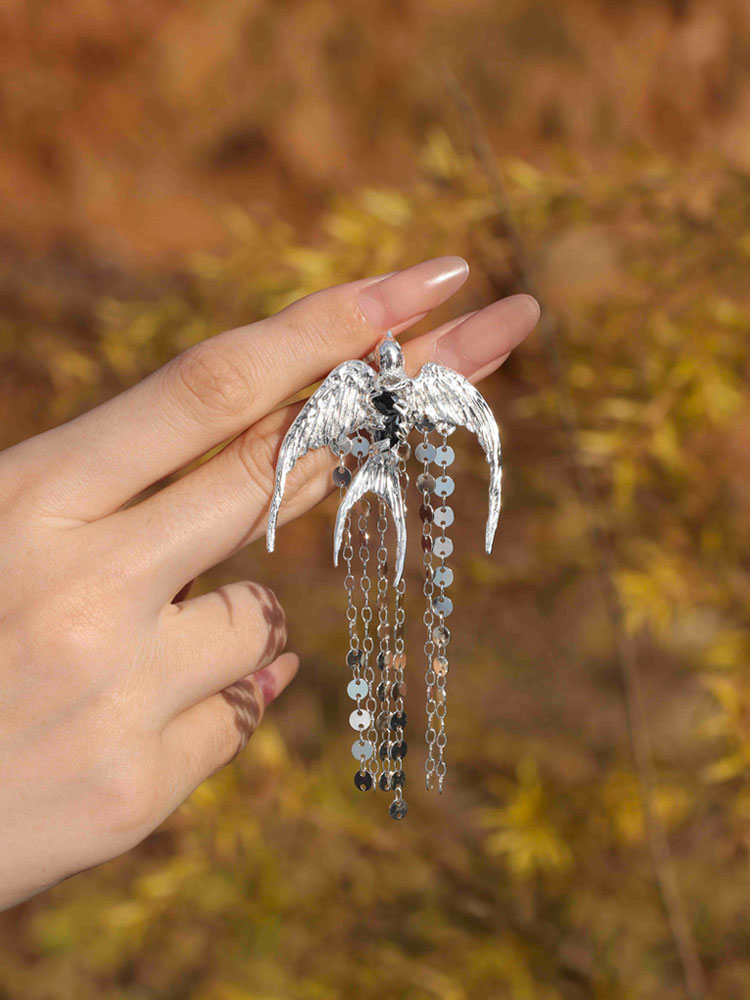 The Swallow S930 - Handforged Chinese Swallow Earrings in Sterling Silver with Delicate Tassels-08