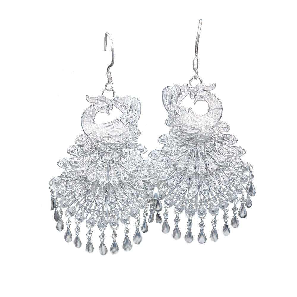 Classic Chinese Phoenix Filigree Statement Earrings in 999 Fine Silver