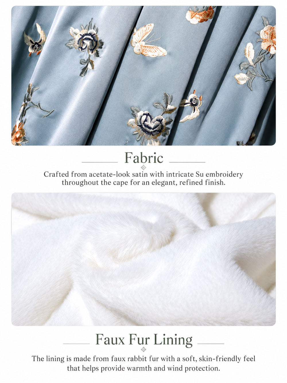 Blue Su Embroidery Hanfu Cape with Faux Fur Lining — Butterflies Among Blossoms