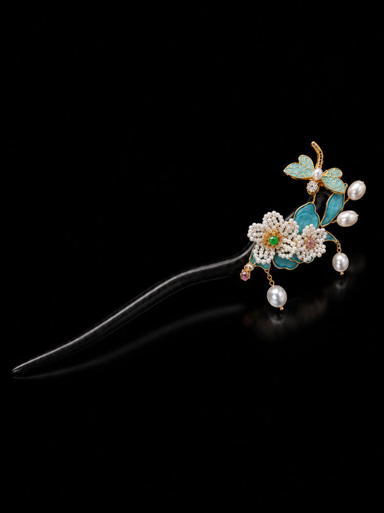 Chinese Blue Enamel Ebony Hairpin with Floral and Dragonfly Details-08