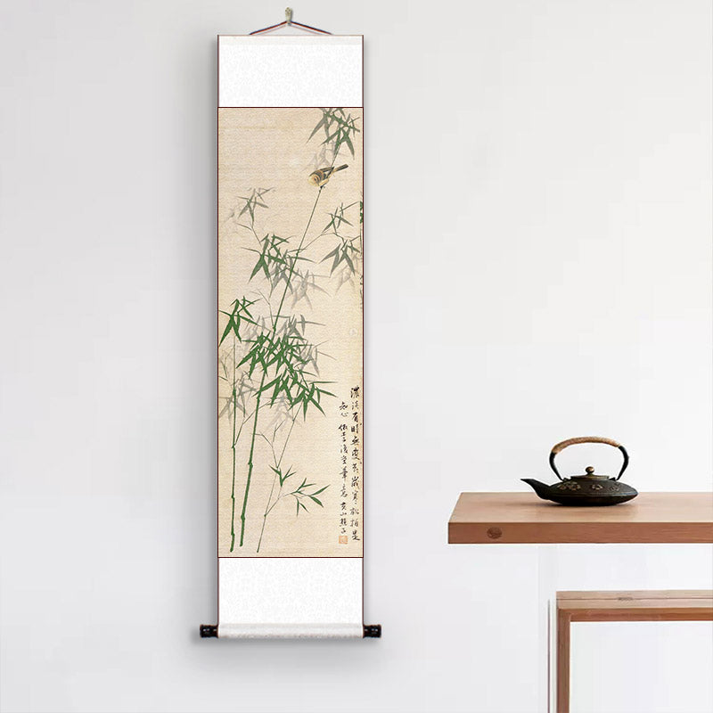 Modern Minimalist Chinese-Inspired Bamboo and Bird Scroll Hanging Art for Space Decoration - Art Decor Painting-07