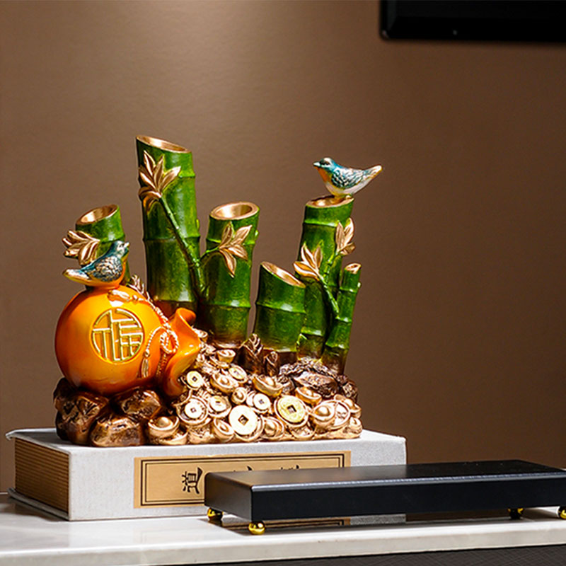 Rising Prosperity - Bamboo Bird Gold Ingot Creative Chinese Feng Shui Ornament with Pomegranate Fortune Pouch-02