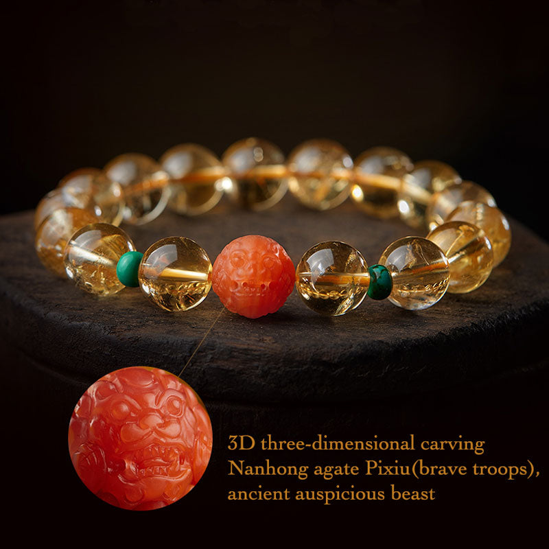 Natural Yellow Citrine Bracelet with South Red Agate Pixiu and Turquoise Beads-07