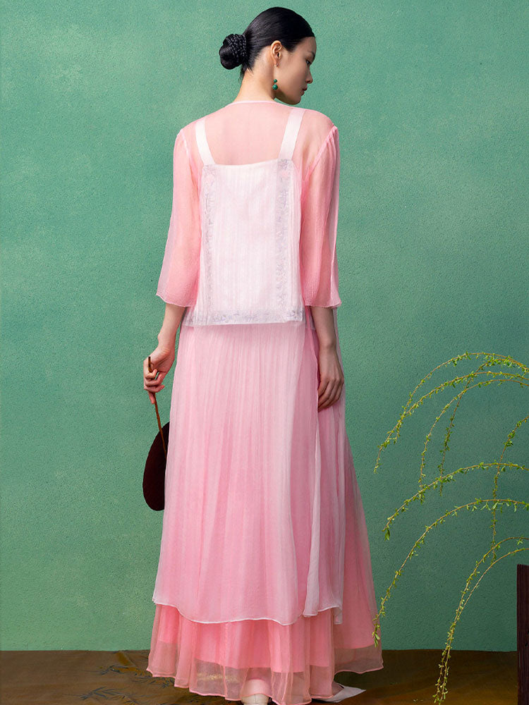 Gradient Pink Silk Modern Ma Mian Skirt – Wrap Midi Skirt for Women-08