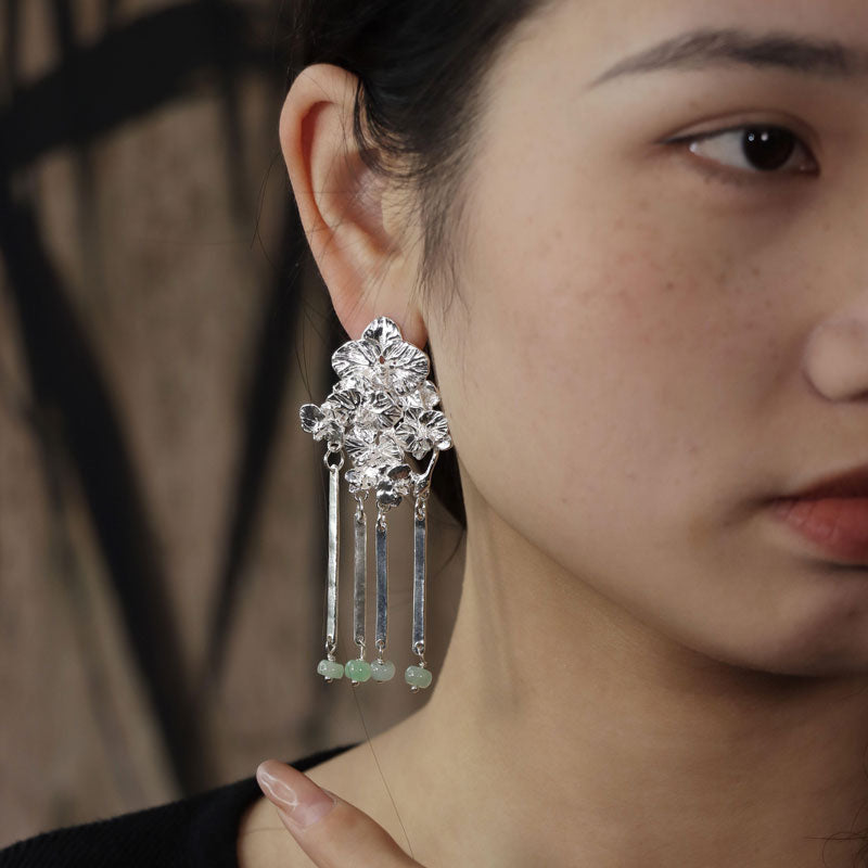 Orchid Cluster S930 - Handforged Chinese Phalaenopsis Earrings in Sterling Silver with Jadeite Beaded Tassels-03