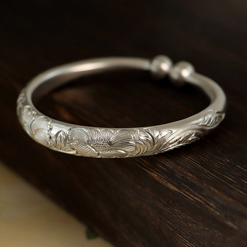 Vintage Chinese Style Hand-Carved Flower Pure Silver Bangle Bracelet for Women