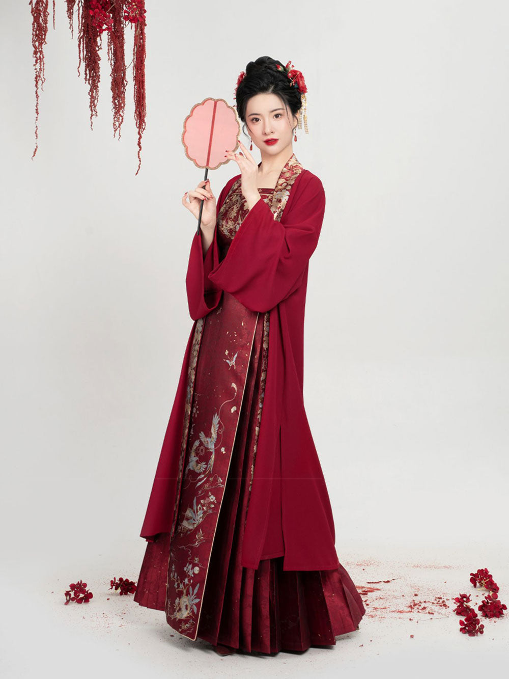 Birds & Blossoms — Ming-Style Gold-Woven Red Mamian Skirt Set-06