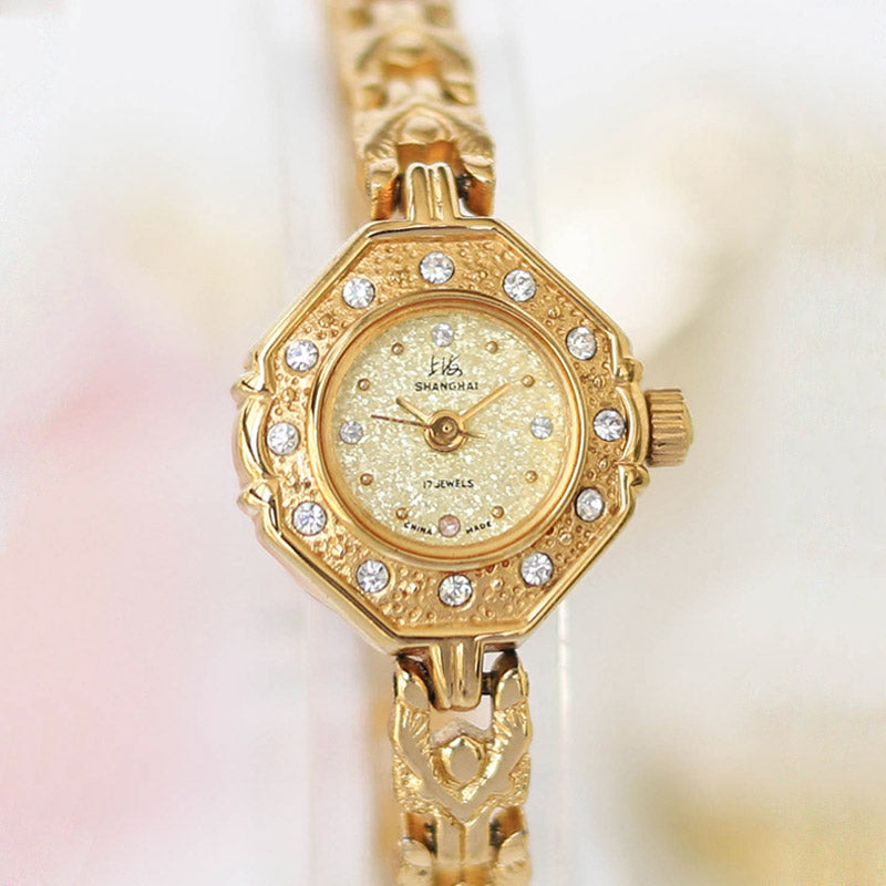 90s Retro Art Deco Style Gold-Plated Women's Manual Mechanical Watch-10