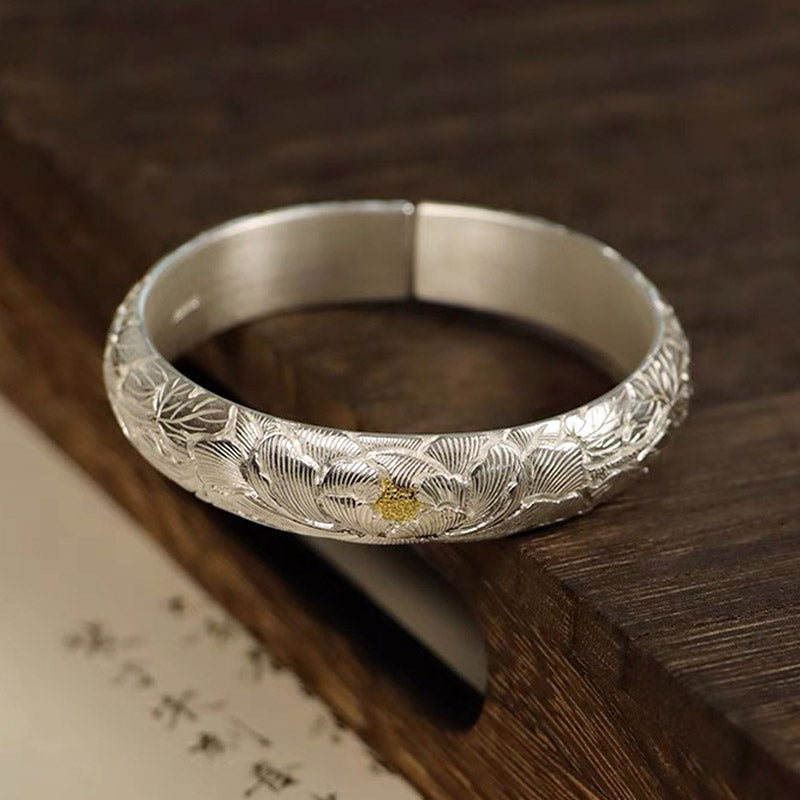Hand-Carved Chinese Style Vintage Peony Pattern Pure Silver with Gold Inlay Opening Bangle Bracelet-01