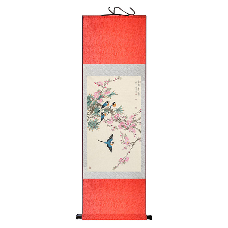 Beautiful Chinese Painting - Early Spring Lucky Flowers Peach Blossom and Four Magpies Silk Scroll Hanging Painting Wall Decoration Art-05