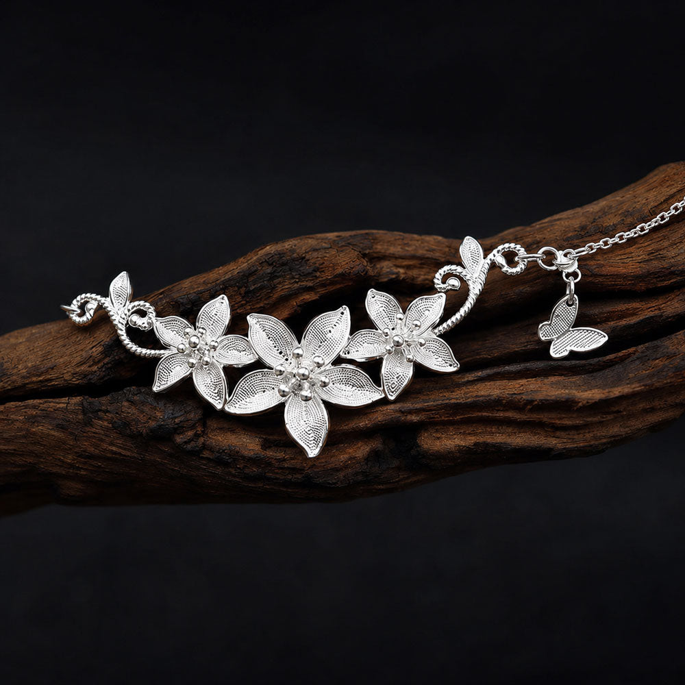 Triple Lily Filigree Necklace in 999 Fine Silver-07