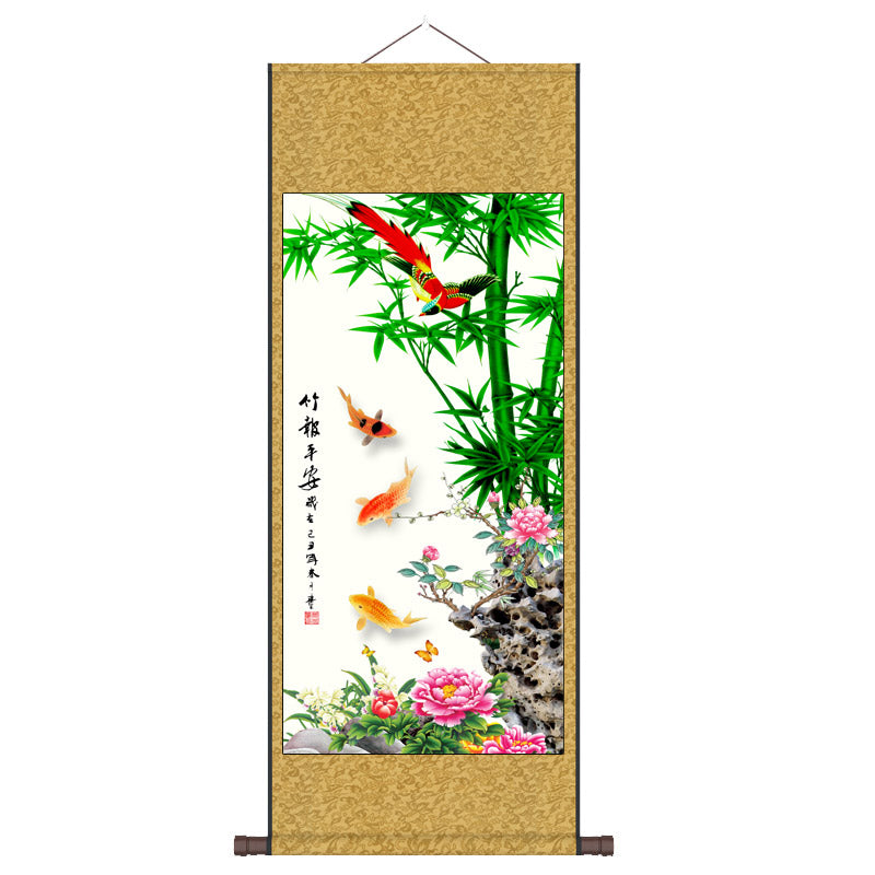 "Zhu Bao Ping An" - Blessings of Peace Brought by Lucky Bamboo, Silk Scroll Hanging Painting Reproduction Wall Decor Art-07