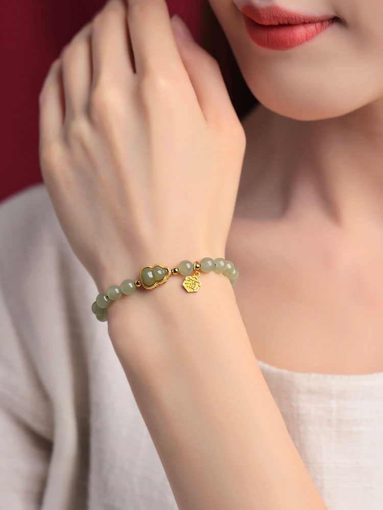 Natural Hetian Qingshui Jade Bracelet Adorned with Jade Gourd and the Chinese Character for '福' (fortune) Charm-07