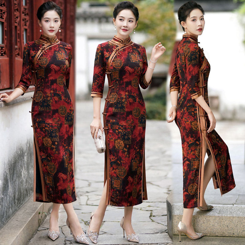 Chinese Style Classic Festive Vintage Red Cheongsam Dress with Floral Print for Women-08