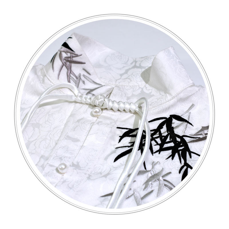 Morden Chinese Embroidered Bamboo Leaf Jacquard Satin Fabric Hanfu Shirt Blouse-07