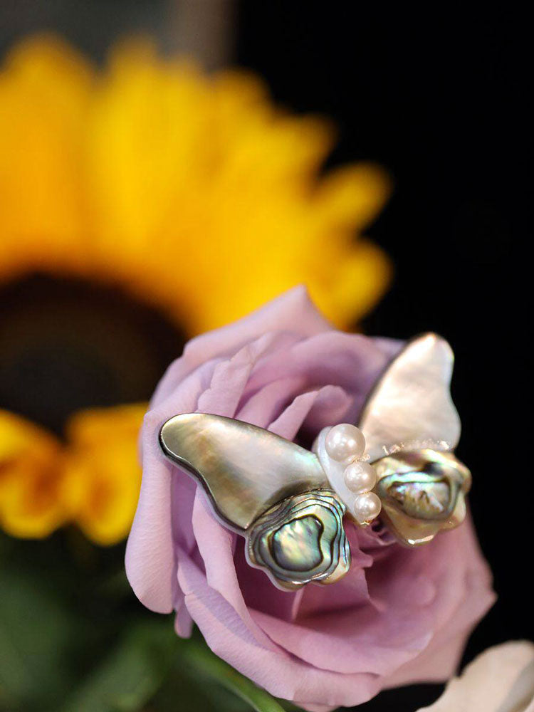 Natural Shell Butterfly & Dragonfly Brooch with Imitation Pearls-08