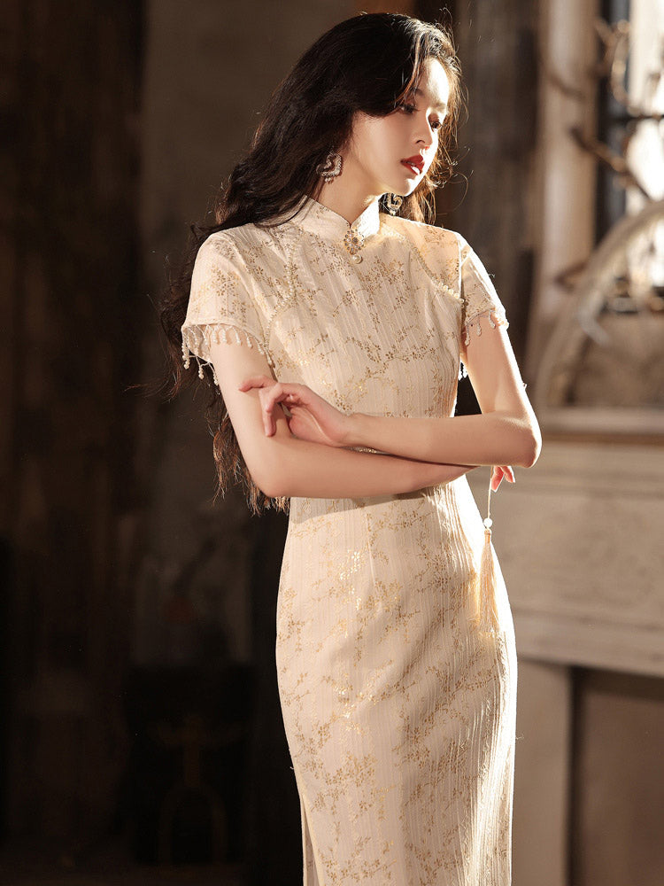 Vintage Elegant Cream White Lace Gold Foil Printed Qipao Cheongsam Dress-02
