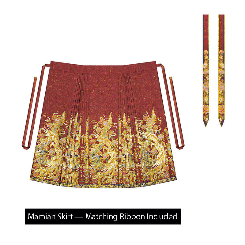 Phoenix & Peony — Ming-Style Gold-Woven Red Mamian Skirt Set-09