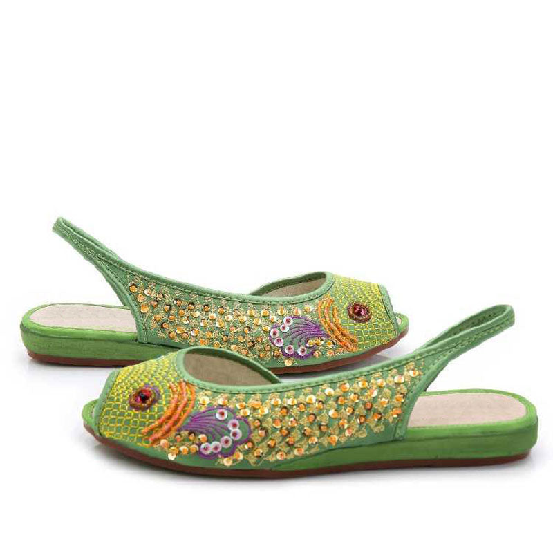 Sprout Green Embroidered Peep Toe Low Cut Flats-04