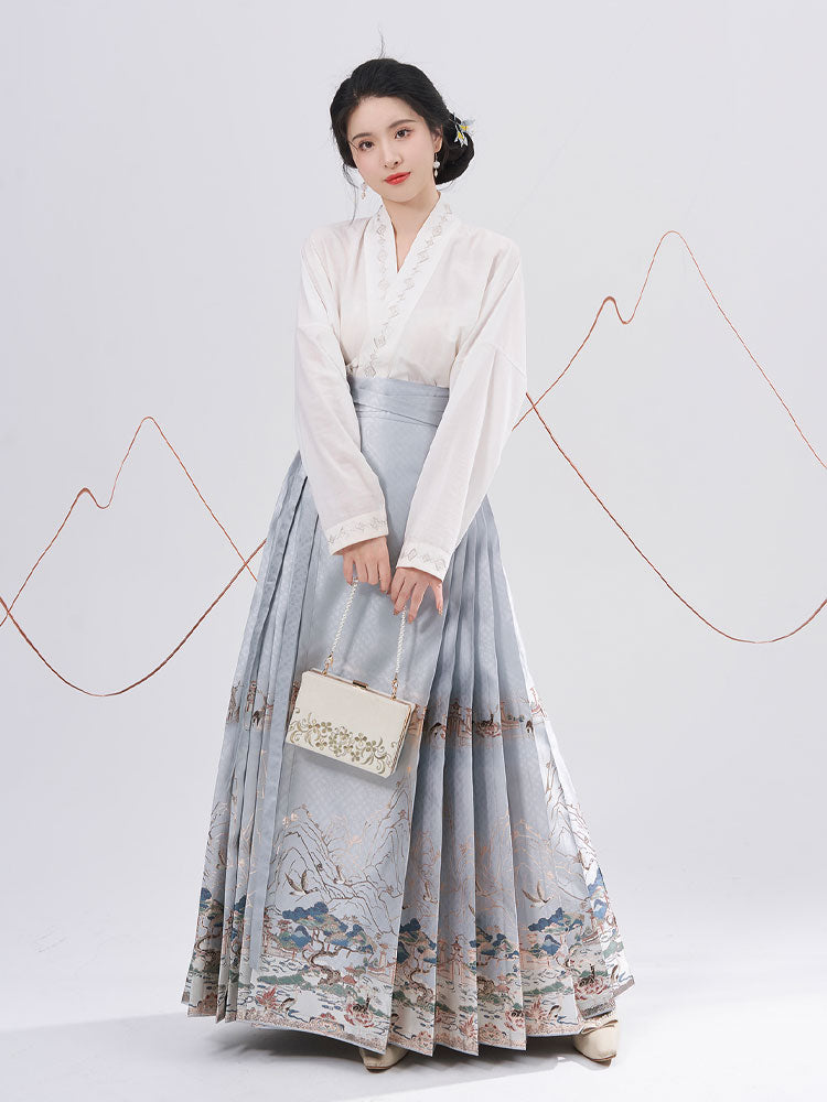 Traditional Chinese Auspicious Patterns - Deer and Kunlun Wonderland Hanfu Mamianqun Skirt-07