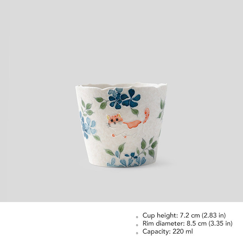 Blue Windflower & Ginger Cat Hand-Painted Ceramic Cup-02
