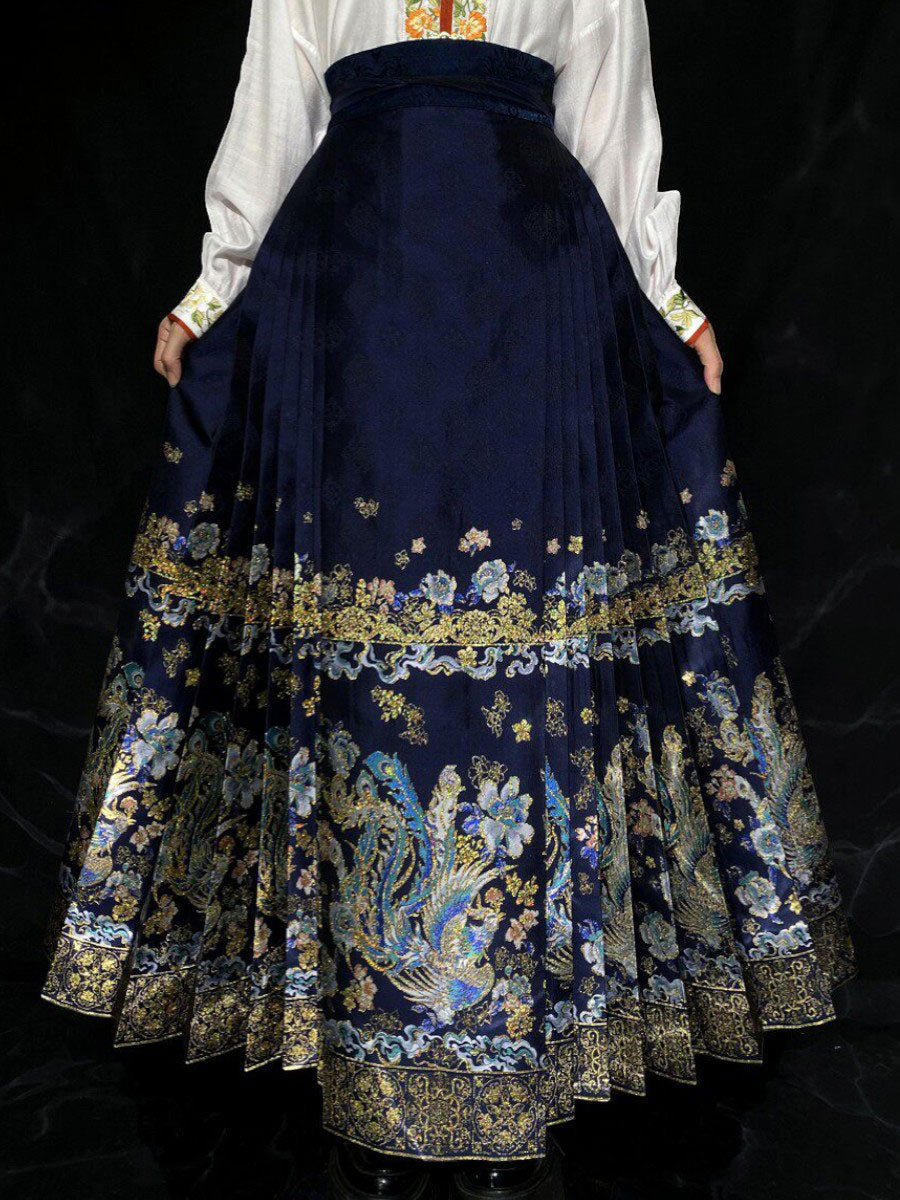 Phoenix in Flight Brocade Mamian Skirt – Ming-Style Woven Gold Hanfu Skirt-10