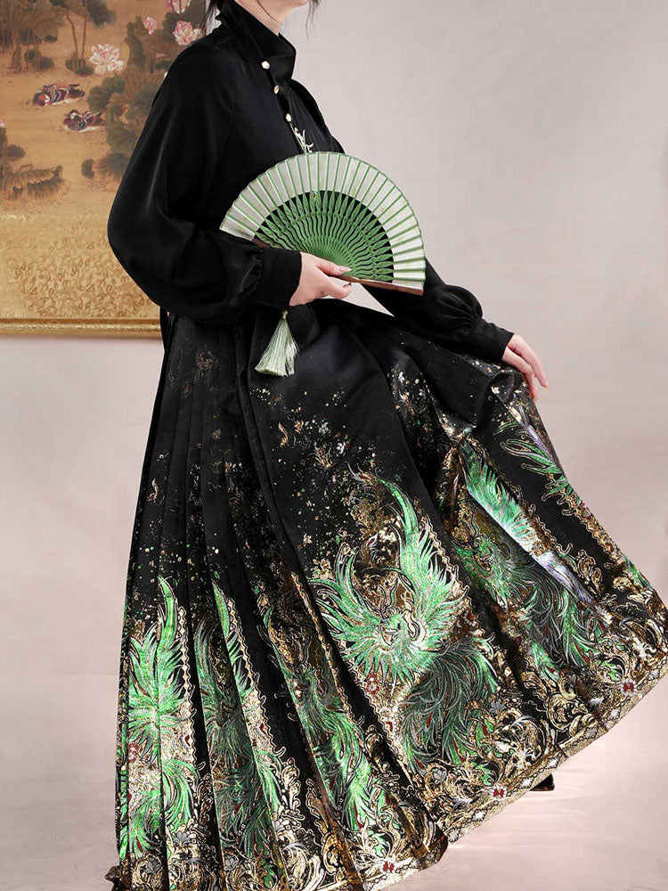 Chinese 'Shan Hai Jing' Qingluan Divine Bird Golden Weave Black Mamianqun Skirt-06