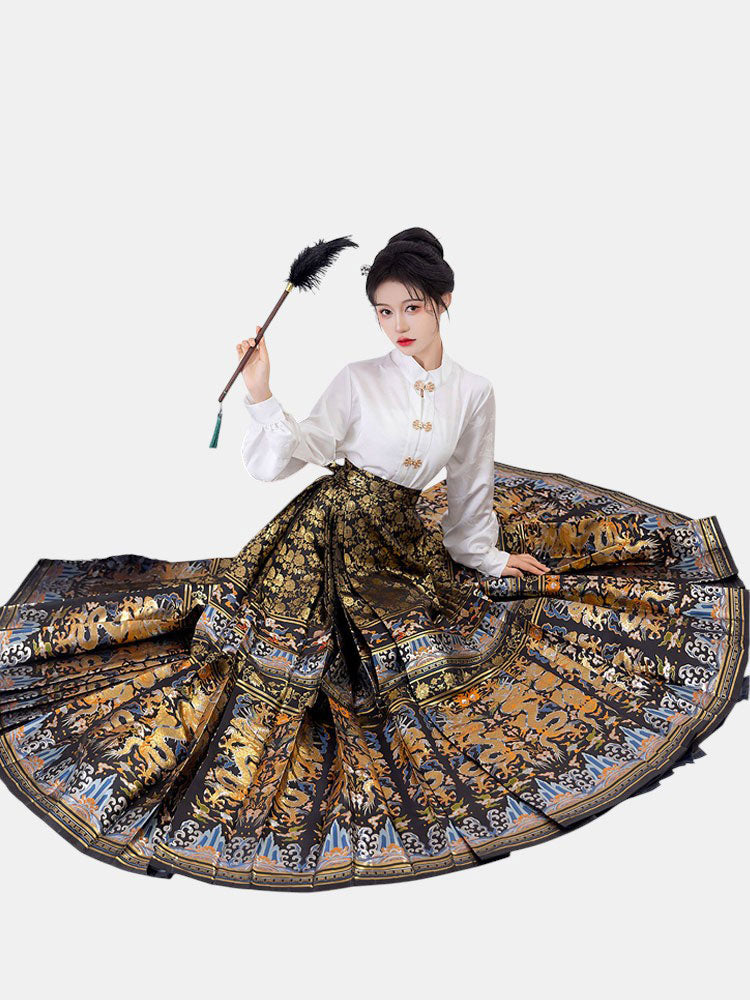 Dragon in Motion - Ming-Inspired Zhuanghua Brocade Mamian Skirt