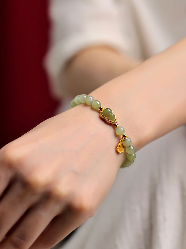 Natural Hetian Qingshui Jade Bracelet Adorned with Jade Gourd and the Chinese Character for '福' (fortune) Charm-08