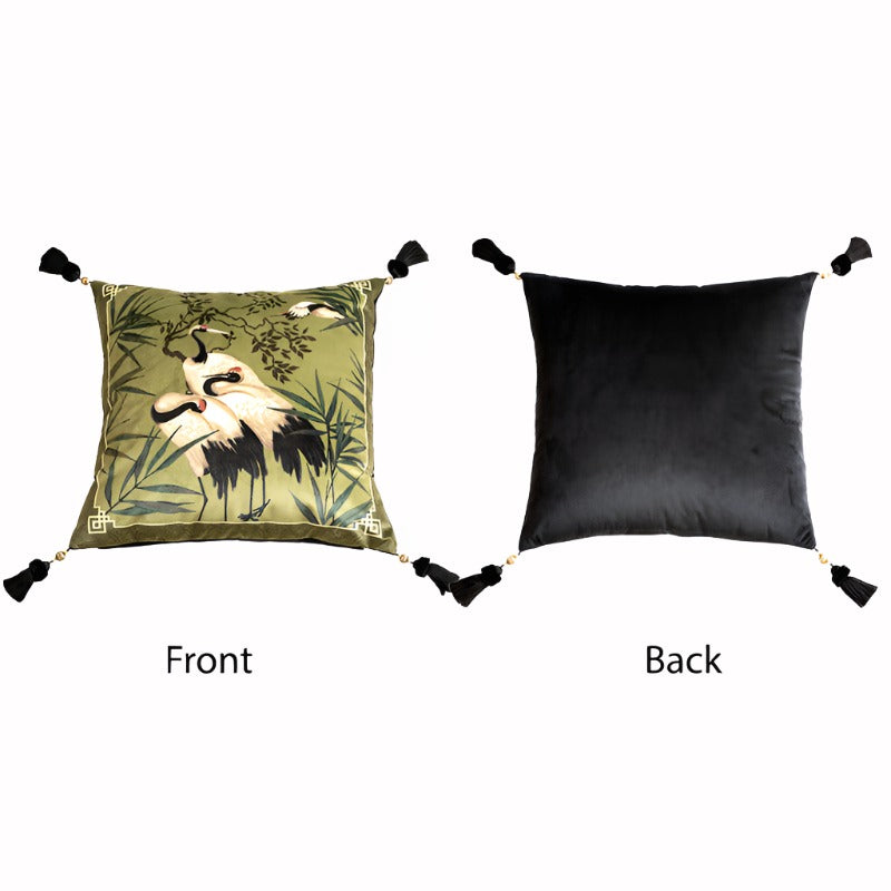 Green Chinese Style Auspicious Crane and Bamboo Series Throw Pillow-06