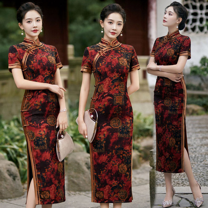 Chinese Style Classic Festive Vintage Red Cheongsam Dress with Floral Print for Women-09