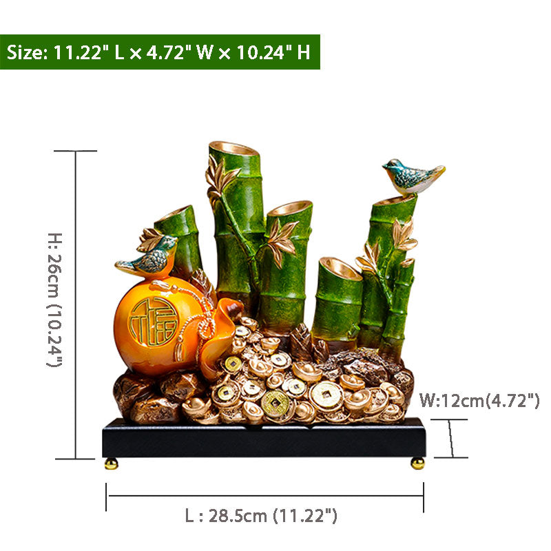 Rising Prosperity - Bamboo Bird Gold Ingot Creative Chinese Feng Shui Ornament with Pomegranate Fortune Pouch-03