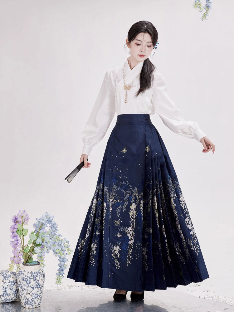 Wisteria Flower Rain Ma Mian Skirt - Modern Style Hanfu Mamianqun Daily Wear for Women-02