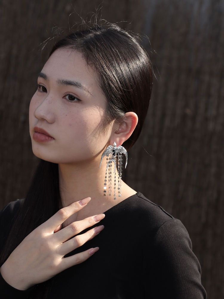 The Swallow S930 - Handforged Chinese Swallow Earrings in Sterling Silver with Delicate Tassels-09