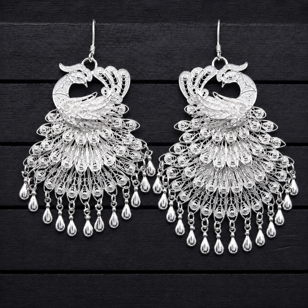 Classic Chinese Phoenix Filigree Statement Earrings in 999 Fine Silver