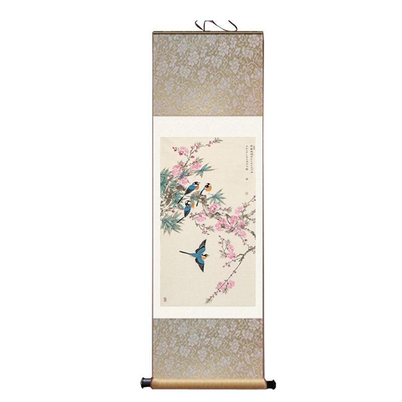 Beautiful Chinese Painting - Early Spring Lucky Flowers Peach Blossom and Four Magpies Silk Scroll Hanging Painting Wall Decoration Art-03