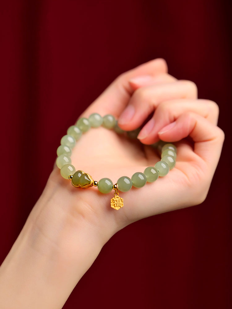 Natural Hetian Qingshui Jade Bracelet Adorned with Jade Gourd and the Chinese Character for '福' (fortune) Charm-09