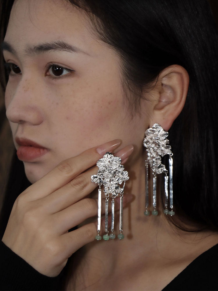 Orchid Cluster S930 - Handforged Chinese Phalaenopsis Earrings in Sterling Silver with Jadeite Beaded Tassels-08
