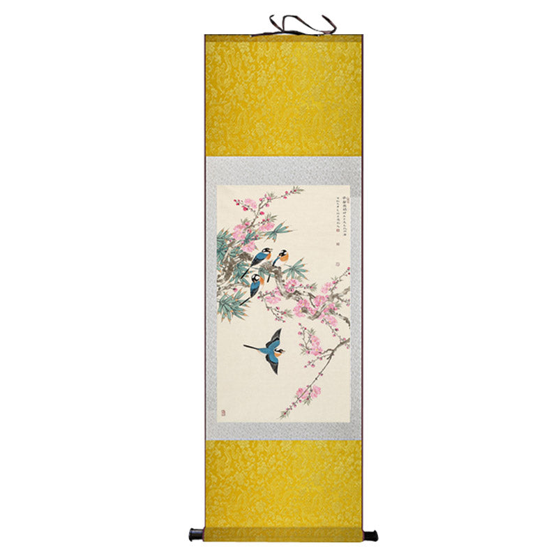 Beautiful Chinese Painting - Early Spring Lucky Flowers Peach Blossom and Four Magpies Silk Scroll Hanging Painting Wall Decoration Art-04