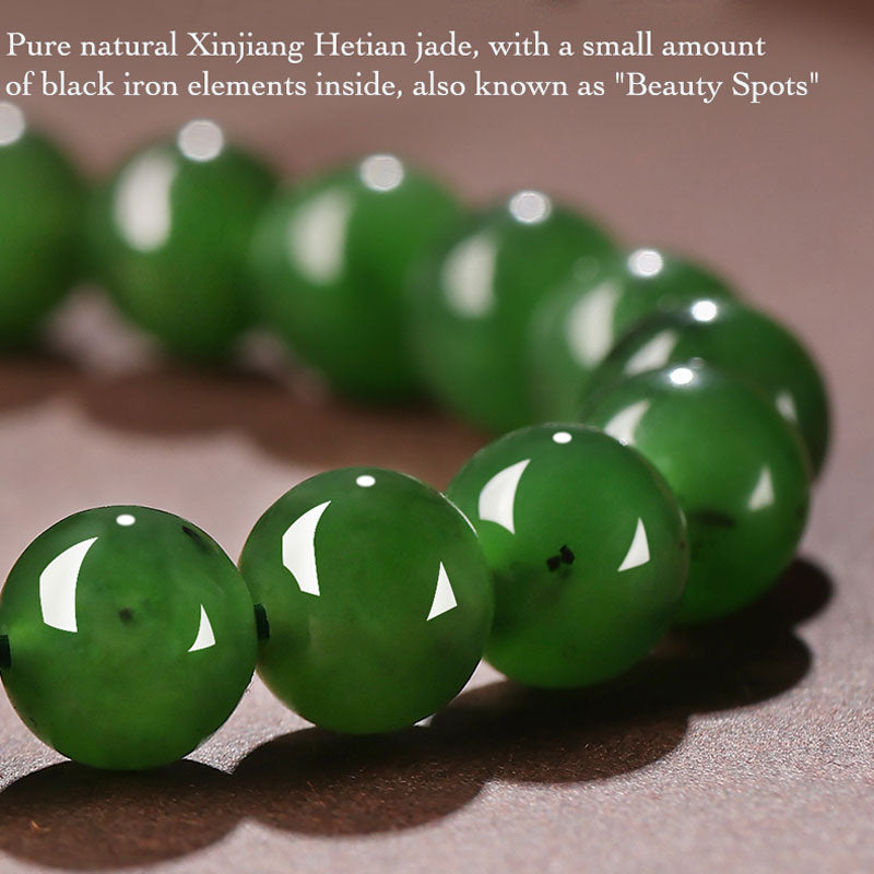 Xinjiang Hetian Jade Bracelet Adorned with a Four Leaf Clover Green Jade Biyu Bracelet-05