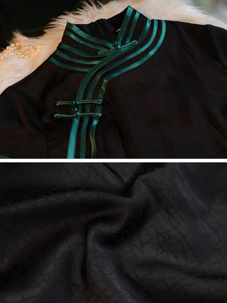 Vintage Black Artistic Cracked Pattern Texture Fragrant Cloud Brocade Cheongsam Dress for Women-09