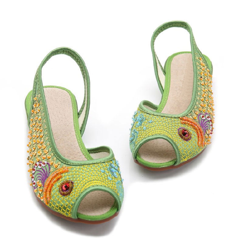 Sprout Green Embroidered Peep Toe Low Cut Flats-05