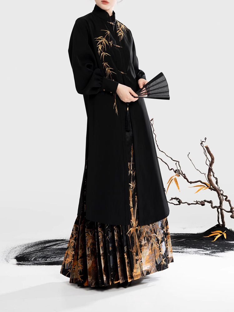 Golden Bamboo Ink Wash - Woven Gold Ma Mian Qun Hanfu Skirt-08